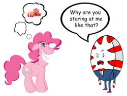 Size: 1280x960 | Tagged: safe, artist:toonfreak, pinkie pie, earth pony, pony, g4, adventure time, dialogue, female, floppy ears, imminent vore, male, mare, peppermint butler, simple background, transparent background