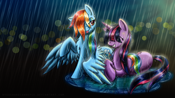Size: 1920x1080 | Tagged: safe, artist:nyuuchandiannepie, rainbow dash, twilight sparkle, pegasus, pony, unicorn, g4, abstract background, bangs, chest fluff, cute, duo, duo female, female, hair over eyes, hair over one eye, lesbian, lying down, mare, prone, rain, raised hoof, ship:twidash, shipping, tongue out, wallpaper, wet, wet mane, wings