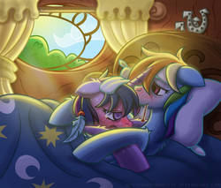 Size: 2000x1700 | Tagged: safe, artist:nyuuchandiannepie, rainbow dash, twilight sparkle, pegasus, pony, unicorn, g4, backwards thermometer, bed, blanket, blue feather, blushing, cloth, crepuscular rays, cuddling, cute, feather, female, floppy ears, golden oaks library, lesbian, library, lovesick, mare, messy mane, pillow, ship:twidash, shipping, sick, smiling, snuggling, thermometer, twilight's bedroom, window