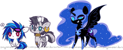 Size: 1507x623 | Tagged: safe, artist:ponymonster, dj pon-3, nightmare moon, vinyl scratch, zecora, alicorn, pony, unicorn, zebra, g4, chibi, dreamworks face, female, mare, music notes, red eyes, speech bubble, wrong eye color