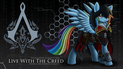 Size: 1920x1080 | Tagged: safe, artist:nyuuchandiannepie, rainbow dash, pegasus, pony, g4, abstract background, assassin's creed, clothes, crossover, female, mare, solo, video game, wallpaper