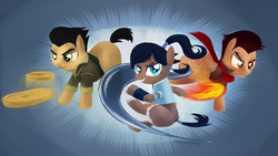 Size: 1920x1080 | Tagged: dead source, safe, artist:chimicherrychonga, earth pony, pony, abstract background, bolin, female, korra, mako, male, mare, ponified, stallion, the legend of korra, wallpaper