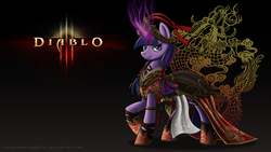 Size: 1920x1080 | Tagged: safe, artist:nyuuchandiannepie, twilight sparkle, pony, unicorn, g4, abstract background, clothes, crossover, diablo (series), diablo iii, dress, female, magic, mare, solo, video game, wallpaper, wizard