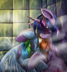 Size: 1400x1515 | Tagged: safe, artist:nyuuchandiannepie, rainbow dash, twilight sparkle, pegasus, pony, unicorn, fanfic:a bluebird's song, g4, bangs, crying, duo, duo female, eyes closed, fanfic, fanfic art, female, floppy ears, hair over eyes, hug, lesbian, mare, sad, ship:twidash, shipping, shower, shower of angst, wet, wet mane