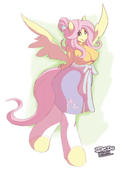 Size: 608x838 | Tagged: safe, artist:lionalliance, fluttershy, pegasus, anthro, unguligrade anthro, g4, breasts, busty fluttershy, clothes, female, mare, skirt, socks, solo, spread wings, sweater, sweatershy, thigh highs, wings