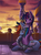 Size: 1475x2000 | Tagged: safe, artist:nyuuchandiannepie, rainbow dash, twilight sparkle, pegasus, pony, unicorn, fanfic:a bluebird's song, g4, backlighting, band-aid, bandage, bedroom eyes, canterlot, castle, comforting, cute, duo, duo female, fanfic, fanfic art, female, hug, hug from behind, injured, lesbian, lidded eyes, mare, prone, ship:twidash, shipping, sitting, smiling, sunset