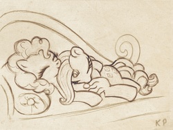 Size: 800x600 | Tagged: safe, artist:kp-shadowsquirrel, pinkie pie, rarity, earth pony, pony, unicorn, g4, couch, cute, fainting couch, female, lesbian, mare, monochrome, ship:raripie, shipping, sketch, sleeping