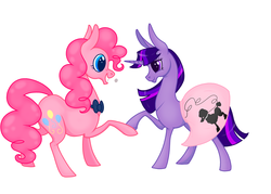 Size: 2800x2000 | Tagged: safe, artist:spiderishdrawsmostlyponies, pinkie pie, twilight sparkle, earth pony, pony, unicorn, g4, bowtie, clothes, dancing, female, high res, holding hooves, lesbian, mare, poodle skirt, ship:twinkie, shipping, simple background, skirt, white background