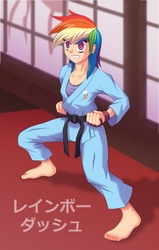 Size: 902x1420 | Tagged: safe, artist:agu-fungus, part of a set, rainbow dash, human, g4, barefoot, black belt, clothes, dojo, feet, female, fighting gloves, gi, humanized, japanese, karate, martial arts, pants, part of a series, robe, solo