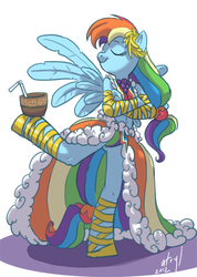 Size: 533x750 | Tagged: safe, artist:atryl, rainbow dash, pegasus, anthro, unguligrade anthro, g4, balancing, belly button, clothes, dress, eyes closed, female, gala dress, grand galloping gala, midriff, panties, rainbow underwear, simple background, solo, striped underwear, underwear, white background