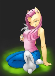 Size: 1148x1578 | Tagged: safe, artist:shnider, fluttershy, rabbit, anthro, plantigrade anthro, g4, breasts, clothes, eyes closed, female, fluffy, jeans, kneeling, shirt, solo