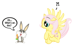 Size: 1280x866 | Tagged: safe, artist:toonfreak, fluttershy, pegasus, pony, g4, bugs bunny, carrot, crossover, female, food, male, mare, simple background, transparent background