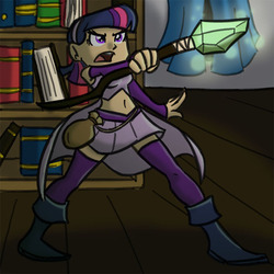 Size: 600x600 | Tagged: safe, artist:eliwood10, twilight sparkle, human, g4, belly button, bookshelf, clothes, female, humanized, mage, midriff, skirt, solo, staff