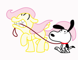 Size: 1280x989 | Tagged: safe, artist:toonfreak, fluttershy, pegasus, pony, g4, crossover, female, floppy ears, leash, mare, mouth hold, peanuts, simple background, snoopy, walking