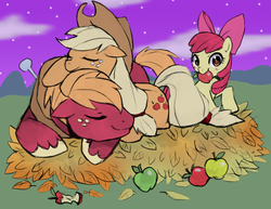 Size: 1451x1121 | Tagged: dead source, safe, artist:suikuzu, apple bloom, applejack, big macintosh, earth pony, pony, g4, apple, apple bloom's bow, apple core, apple siblings, applejack's hat, bow, colored, cowboy hat, eyes closed, female, filly, hair bow, hat, leaves, looking at you, lying down, male, mare, mouth hold, night, prone, sleeping, smiling, stallion, starry night, stars