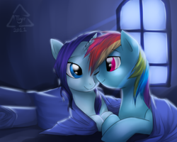 Size: 1280x1024 | Tagged: safe, artist:cat-cly, rainbow dash, rarity, pegasus, pony, unicorn, g4, bed, bedsheets, crepuscular rays, female, lesbian, mare, prone, ship:raridash, shipping, window