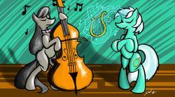 Size: 4464x2480 | Tagged: safe, artist:saliantsunbreeze, lyra heartstrings, octavia melody, earth pony, pony, unicorn, g4, bipedal, cello, duo, eyes closed, female, lyre, mare, music, musical instrument