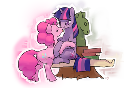 Size: 700x500 | Tagged: safe, artist:cabyowl, pinkie pie, twilight sparkle, earth pony, pony, unicorn, g4, butt, explicit source, female, golden oaks library, lesbian, licking, mare, plot, ship:twinkie, shipping