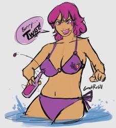 Size: 683x753 | Tagged: safe, artist:moronsonofboron, berry punch, berryshine, human, g4, belly button, bikini, bottle, bottlecap, clothes, dark skin, female, humanized, purple swimsuit, side-tie bikini, solo, swimsuit
