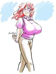 Size: 900x1200 | Tagged: safe, artist:moronsonofboron, twist, human, g4, big breasts, breasts, busty twist, female, huge breasts, humanized, one eye closed, solo, sweater vest