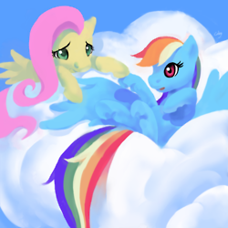 Size: 250x250 | Tagged: safe, artist:cabyowl, fluttershy, rainbow dash, pegasus, pony, g4, cloud, female, hooves, lineless, lying on a cloud, mare, on a cloud, on back, wings