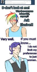 Size: 768x1492 | Tagged: safe, artist:artiedrawings, rainbow dash, rarity, human, ask a bishonen pony, g4, elusive, eyes closed, humanized, male, rainbow blitz, rule 63