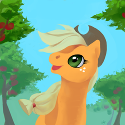 Size: 1000x1000 | Tagged: safe, artist:cabyowl, applejack, earth pony, pony, g4, apple, apple tree, cowboy hat, female, food, hat, hooves, lineless, mare, open mouth, solo, tree