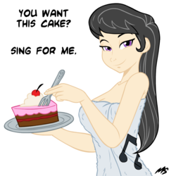 Size: 945x945 | Tagged: safe, artist:megasweet, octavia melody, human, g4, bedroom eyes, breasts, busty octavia melody, cake, do you want this cake, female, humanized, looking at you, naked towel, simple background, solo, towel, white background
