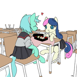 Size: 1000x1000 | Tagged: safe, artist:cabyowl, bon bon, lyra heartstrings, sweetie drops, earth pony, pony, unicorn, g4, bento, classroom, clothes, desk, duo, eating, female, food, heart, mare, mouth hold, no pupils, sailor uniform, school uniform, sitting, smiling, sushi