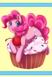 Size: 510x750 | Tagged: dead source, safe, artist:spazzykoneko, pinkie pie, earth pony, pony, g4, cherry, cupcake, cute, diapinkes, female, food, mare, open mouth, prone, simple background, solo