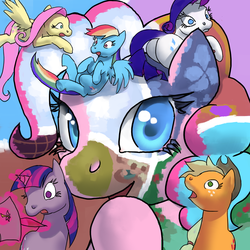 Size: 1000x1000 | Tagged: safe, artist:cabyowl, applejack, fluttershy, pinkie pie, rainbow dash, rarity, twilight sparkle, earth pony, pegasus, pony, unicorn, g4, confused, female, mane six, mare, surreal