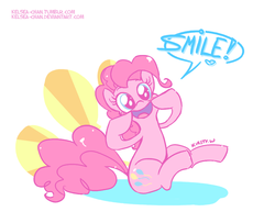 Size: 788x641 | Tagged: safe, artist:kelsea-chan, pinkie pie, earth pony, pony, g4, abstract background, female, looking at you, mare, sitting, smiling, solo