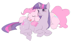 Size: 770x460 | Tagged: safe, artist:cabyowl, pinkie pie, twilight sparkle, earth pony, pony, unicorn, g4, butt pillow, explicit source, female, lesbian, mare, prone, ship:twinkie, shipping, simple background, sleeping, white background