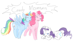 Size: 1000x600 | Tagged: safe, artist:cabyowl, pinkie pie, rainbow dash, rarity, earth pony, pegasus, pony, unicorn, g4, candy mountain, charlie the unicorn, clothes, costume, fake horn, female, mare, parody, simple background, white background