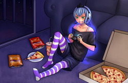 Size: 1280x828 | Tagged: safe, artist:ninjaham, princess luna, human, gamer luna, g4, 2010s, 2012, blue hair, clothes, confident, couch, crown, female, food, gamer girl, glowing hair, headphones, headset, headset mic, humanized, jewelry, meat, missing shoes, night, pants, pepperoni, pepperoni pizza, pizza, pizza box, pizza pie, plate, playstation portable, porch, regalia, s1 luna, shirt, shorts, sitting, slice of pizza, smiling, socks, solo, starry hair, stockings, striped socks, thigh highs, thigh socks, tomboy