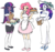 Size: 978x912 | Tagged: safe, artist:cabyowl, pinkie pie, rarity, twilight sparkle, human, g4, bag, book, cake, clothes, dress, eared humanization, female, hat, humanized, pony coloring, simple background, skirt, white background