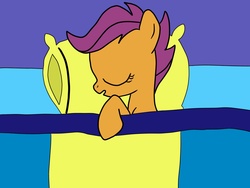 Size: 1600x1200 | Tagged: safe, artist:s0nic-b00m, scootaloo, pegasus, pony, g4, bed, female, filly, pillow, sleeping, solo
