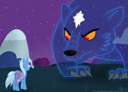 Size: 3500x2500 | Tagged: safe, artist:mikoruthehedgehog, trixie, bear, pony, unicorn, ursa, ursa minor, g4, eye contact, female, high res, looking at each other, mare, night