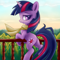 Size: 600x600 | Tagged: safe, artist:rainbow, twilight sparkle, pony, unicorn, g4, balcony, bedroom eyes, butt, clothes, female, forest, looking at you, mare, plot, profile, scarf, solo, twibutt, unicorn twilight