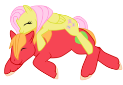 Size: 887x614 | Tagged: safe, artist:kyliesaur, big macintosh, fluttershy, earth pony, pegasus, pony, g4, female, male, mare, on top, prone, ship:fluttermac, shipping, simple background, sleeping, stallion, straight, transparent background