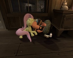 Size: 1280x1024 | Tagged: safe, artist:bhiggo, fluttershy, human, pegasus, pony, g4, 3d, comfy, eyes closed, female, gmod, heavy weapons guy, mad milk, male, mare, pillow, sandvich, sleeping, team fortress 2