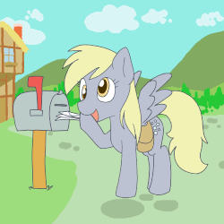 Size: 500x500 | Tagged: safe, artist:ajin, derpy hooves, pegasus, pony, g4, animated, artifact, cloud, cobblestone street, cute, cutie mark, derp, derpabetes, female, frame by frame, gif, hill, hoof hold, house, letter, mail, mailbox, mare, saddle bag, smiling, solo, spread wings, talking