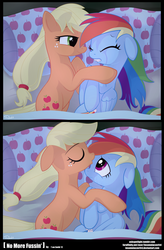 Size: 2036x3100 | Tagged: safe, artist:insomniacovrlrd, applejack, rainbow dash, earth pony, pegasus, pony, g4, bed, comforting, comic, crying, female, forehead kiss, high res, hind legs, hug, kissing, lesbian, mare, on side, pillow, ship:appledash, shipping