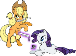 Size: 1829x1350 | Tagged: safe, artist:zev, applejack, rarity, earth pony, pony, unicorn, g4, cup, duo, duo female, female, magic, mare, prone, rarigamer, rearing, simple background, teacup, telekinesis, transparent background, wii, wii remote