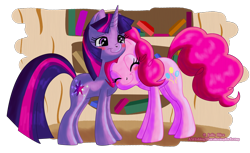 Size: 1216x746 | Tagged: safe, artist:relaxn, pinkie pie, twilight sparkle, earth pony, pony, unicorn, g4, blushing, book, eyes closed, female, golden oaks library, lesbian, mare, neck nuzzle, ship:twinkie, shipping