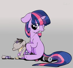 Size: 2477x2311 | Tagged: dead source, safe, artist:zev, smarty pants, twilight sparkle, pony, unicorn, g4, crying, female, filly, filly twilight sparkle, floppy ears, foal, high res, mouth hold, needle, one eye closed, sewing, sitting, thread, younger