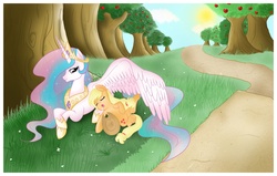 Size: 2460x1560 | Tagged: safe, artist:steffy-beff, applejack, princess celestia, alicorn, earth pony, pony, g4, apple, apple tree, cottagecore, cuddling, cute, dirt road, drool, duo, duo female, female, grass, lidded eyes, mare, on back, orchard, prone, protecting, sleeping, sun, tree, wing blanket