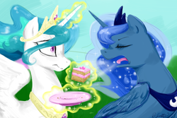 Size: 900x600 | Tagged: dead source, safe, artist:hahasauce, princess celestia, princess luna, alicorn, pony, g4, cake, duo, eyes closed, female, food, magic, mare, open mouth, princess, royal sisters, shocked, siblings, sisters, surprised, tongue out, traditional royal canterlot voice