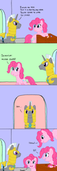 Size: 1000x2991 | Tagged: safe, artist:hakar-kerarmor, pinkie pie, oc, oc:bastion, earth pony, pony, unicorn, ask four inept guardponies, g4, ask, female, male, mare, multeity, royal guard, stallion, too much pink energy is dangerous, tumblr