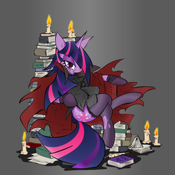 Size: 2880x2880 | Tagged: dead source, safe, artist:skutchi, artist:zev, twilight sparkle, pony, unicorn, g4, book, book throne, candle, clothes, female, high res, mare, pile, sitting, solo, stockings, throne